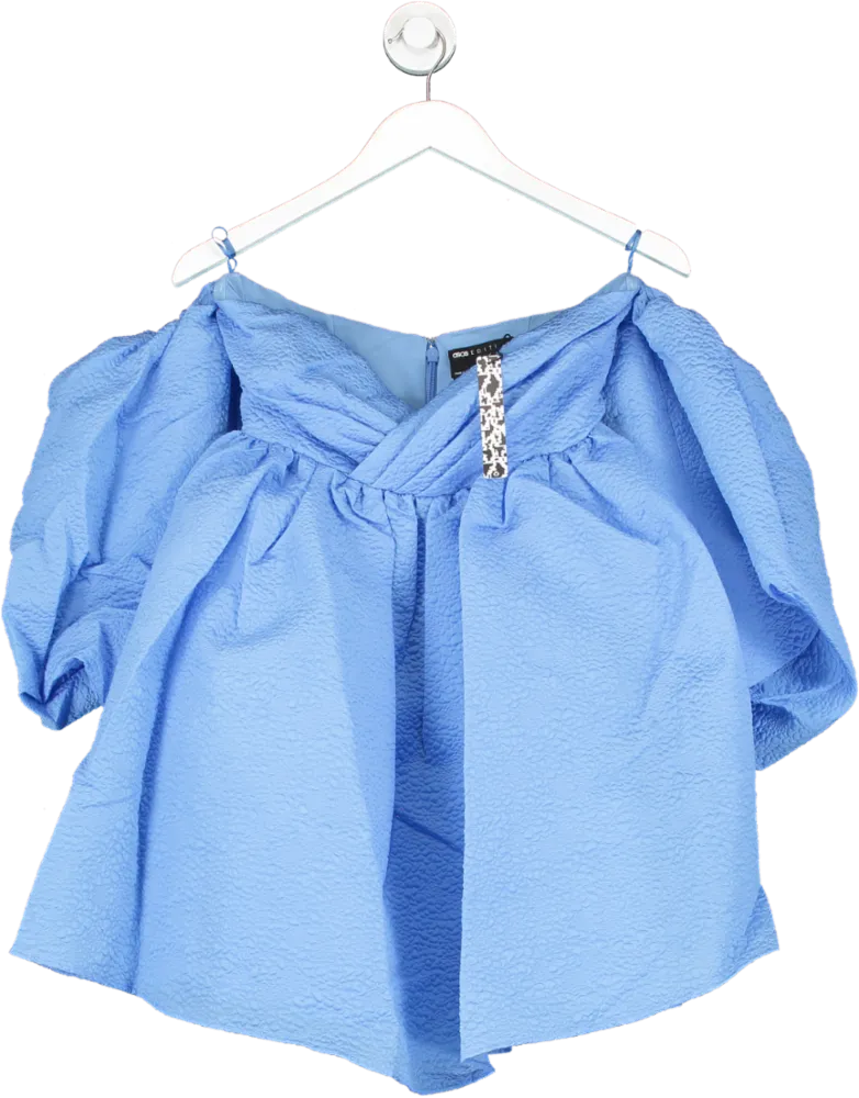 ASOS Blue Off Shoulder Textured Mini Dress With Blouson Sleeve UK 8