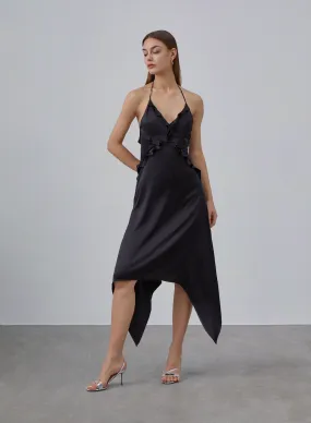 Black Ruffled Halter Neck Silky Dress