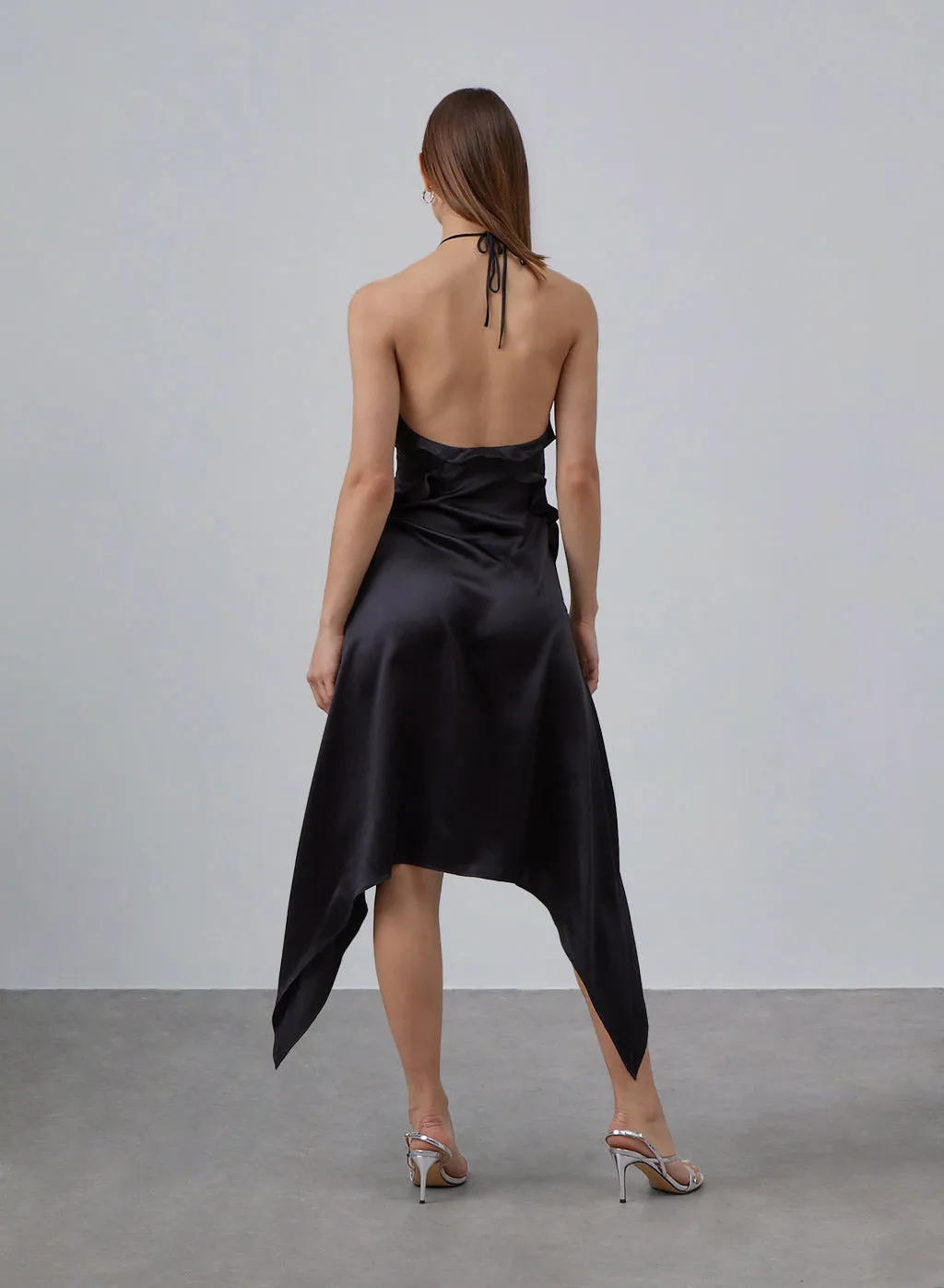 Black Ruffled Halter Neck Silky Dress