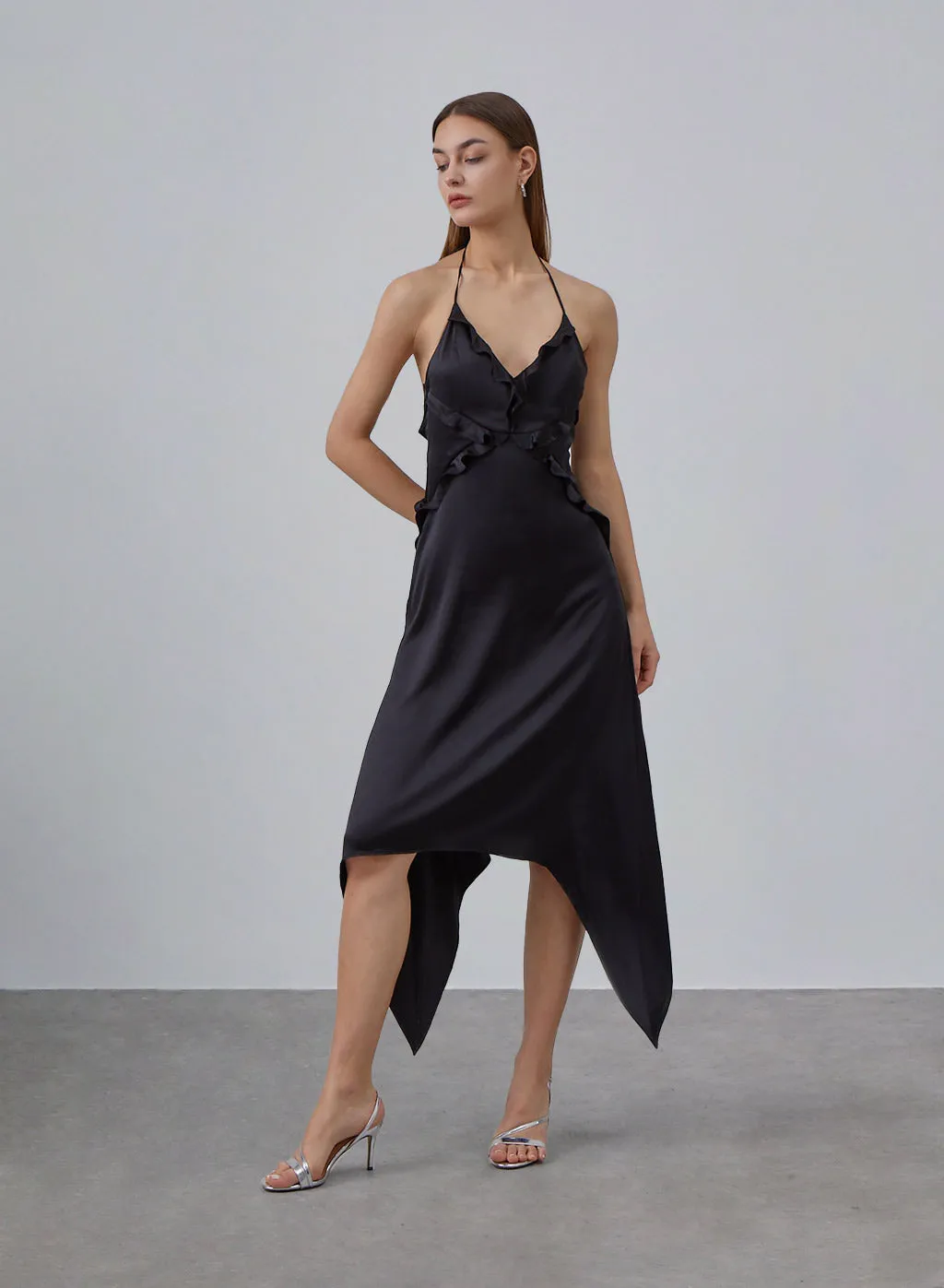Black Ruffled Halter Neck Silky Dress