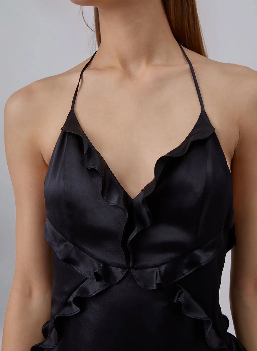 Black Ruffled Halter Neck Silky Dress