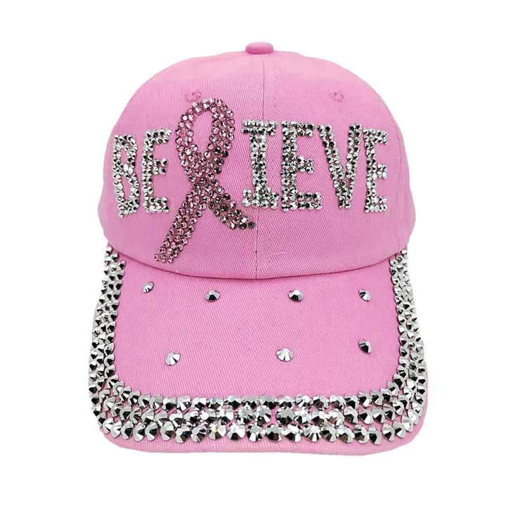 Bling Pink Ribbon Believe Message Baseball Cap