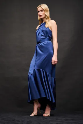 Blue Neck Belted Dress