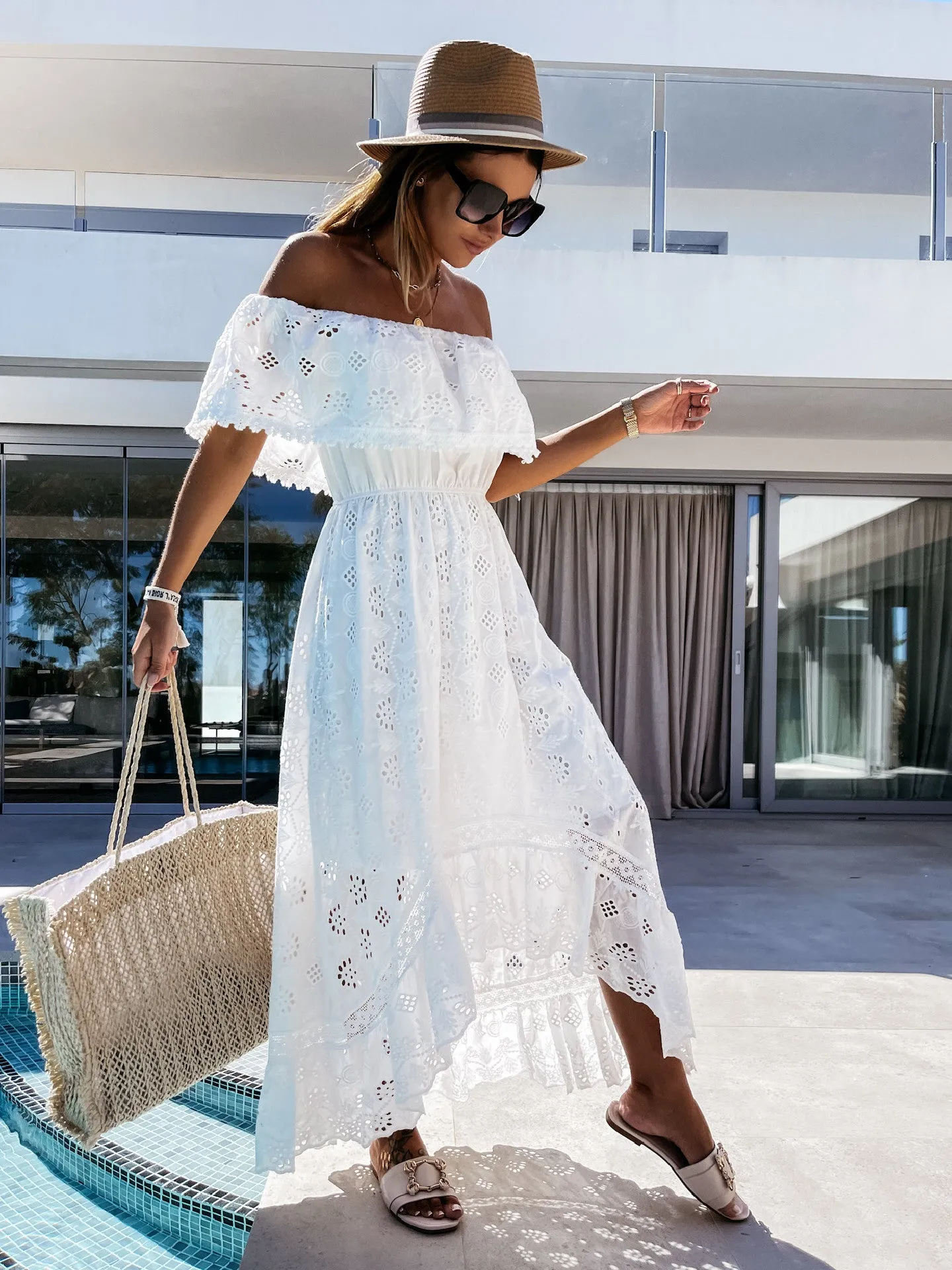 Bohemian lace dress white beach skirt new style Strapless one shoulder sexy dress women