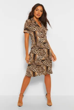 Boohoo Tiger and Leopard Shirt Midi Dress, Leopard