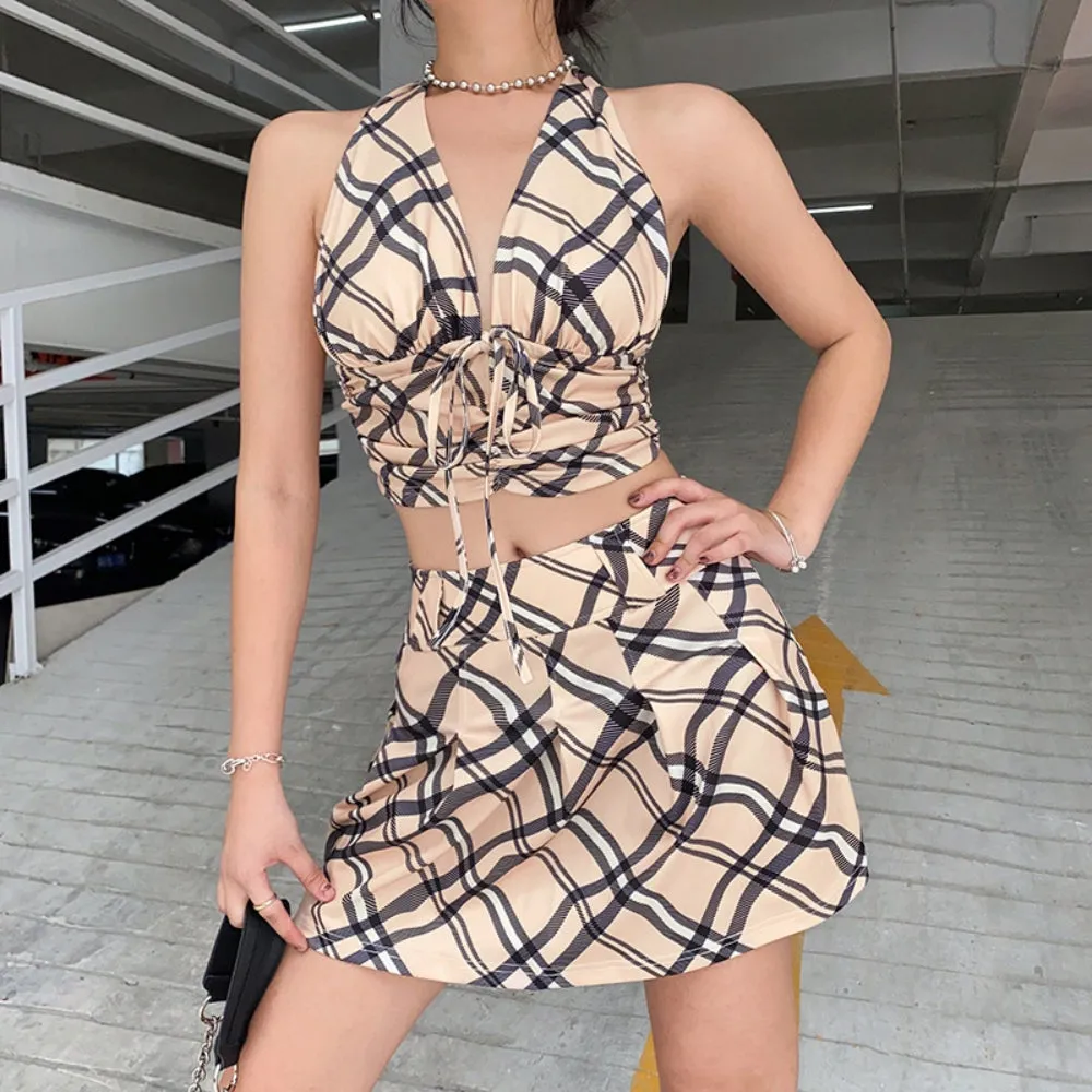 Checkered Halter Backless Sexy Y2K Tank Tops