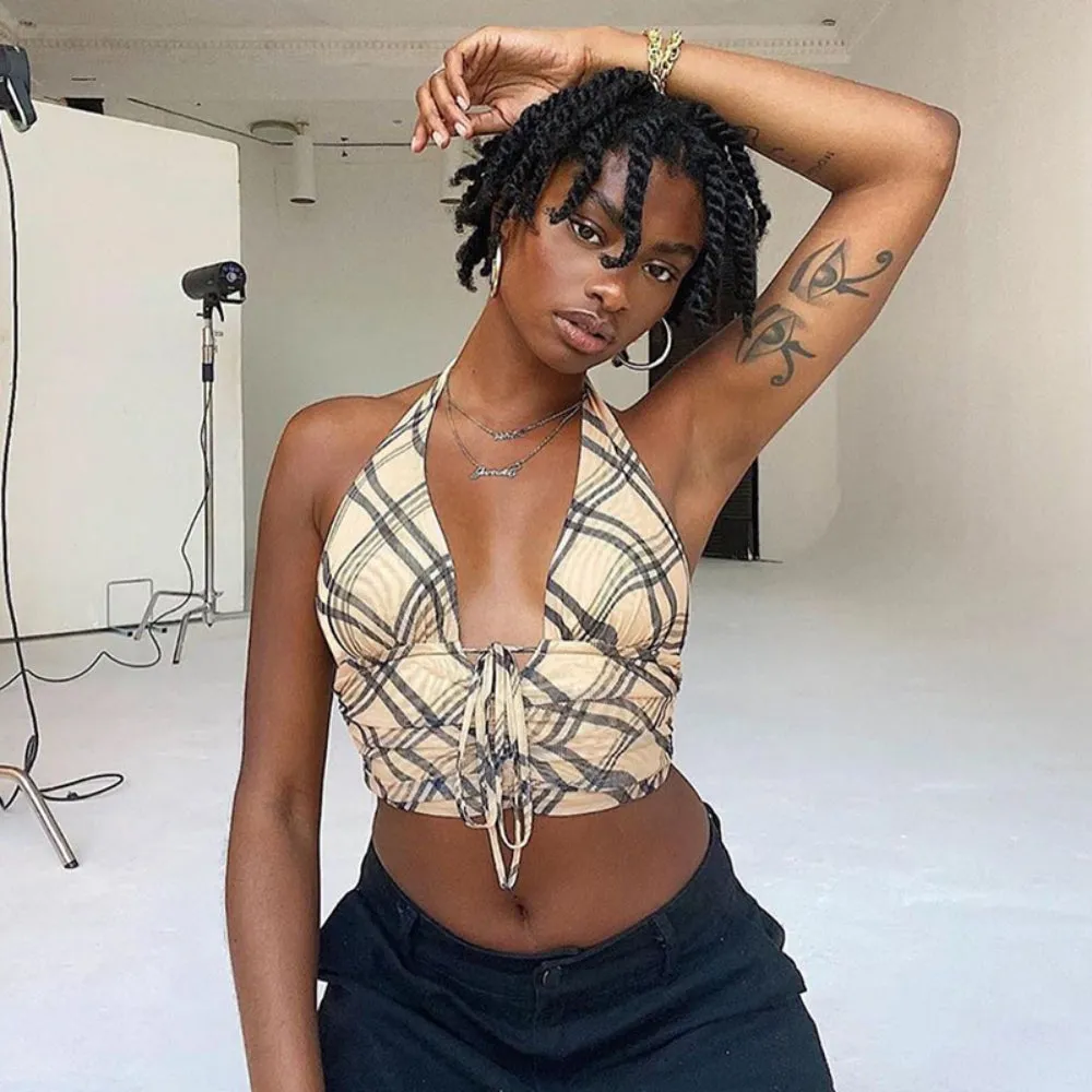 Checkered Halter Backless Sexy Y2K Tank Tops