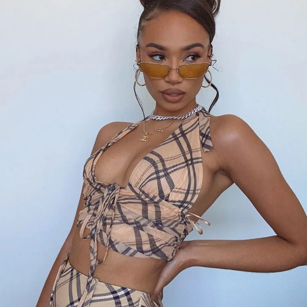 Checkered Halter Backless Sexy Y2K Tank Tops