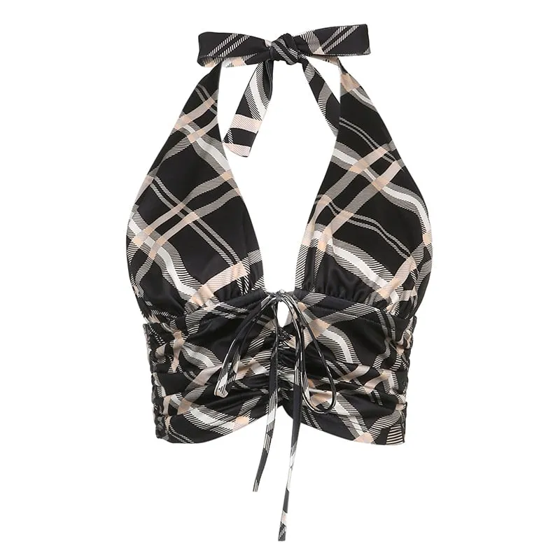 Checkered Halter Backless Sexy Y2K Tank Tops