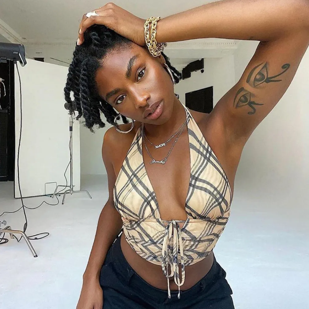 Checkered Halter Backless Sexy Y2K Tank Tops