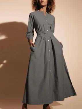 deanwangkt Women Solid Color O-neck Belted Long Sleeve Side Split Hem Shirt Dress With Pocket