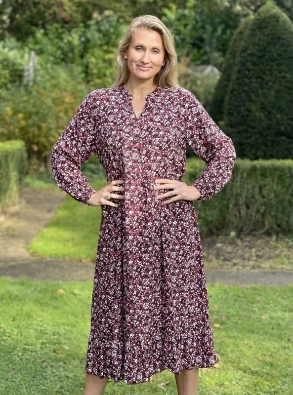Ditsy Flower Tiered Maxi Dress - Plum
