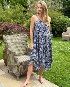 Elephant And Flower Print Strap Dress - Navy/White