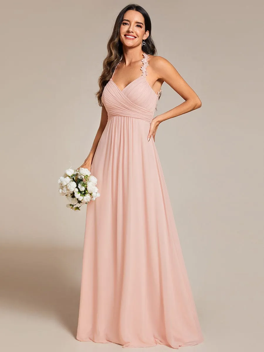 Floral Halter Neck Pleated Backless Bridesmaid Dress in Chiffon