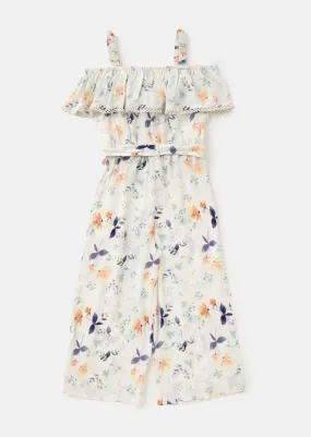 Girls Floral Printed Blue One Shoulder Jumpsuit