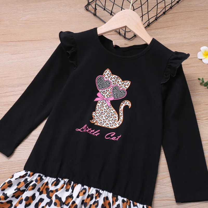Girls Full Sleeve Little Cat Print Dress