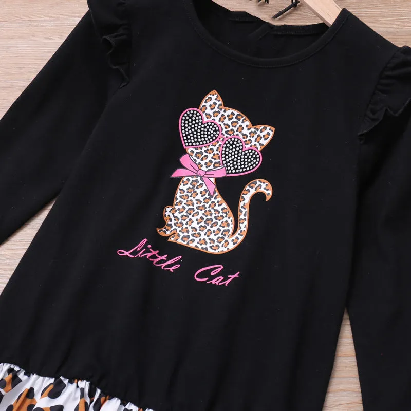 Girls Full Sleeve Little Cat Print Dress