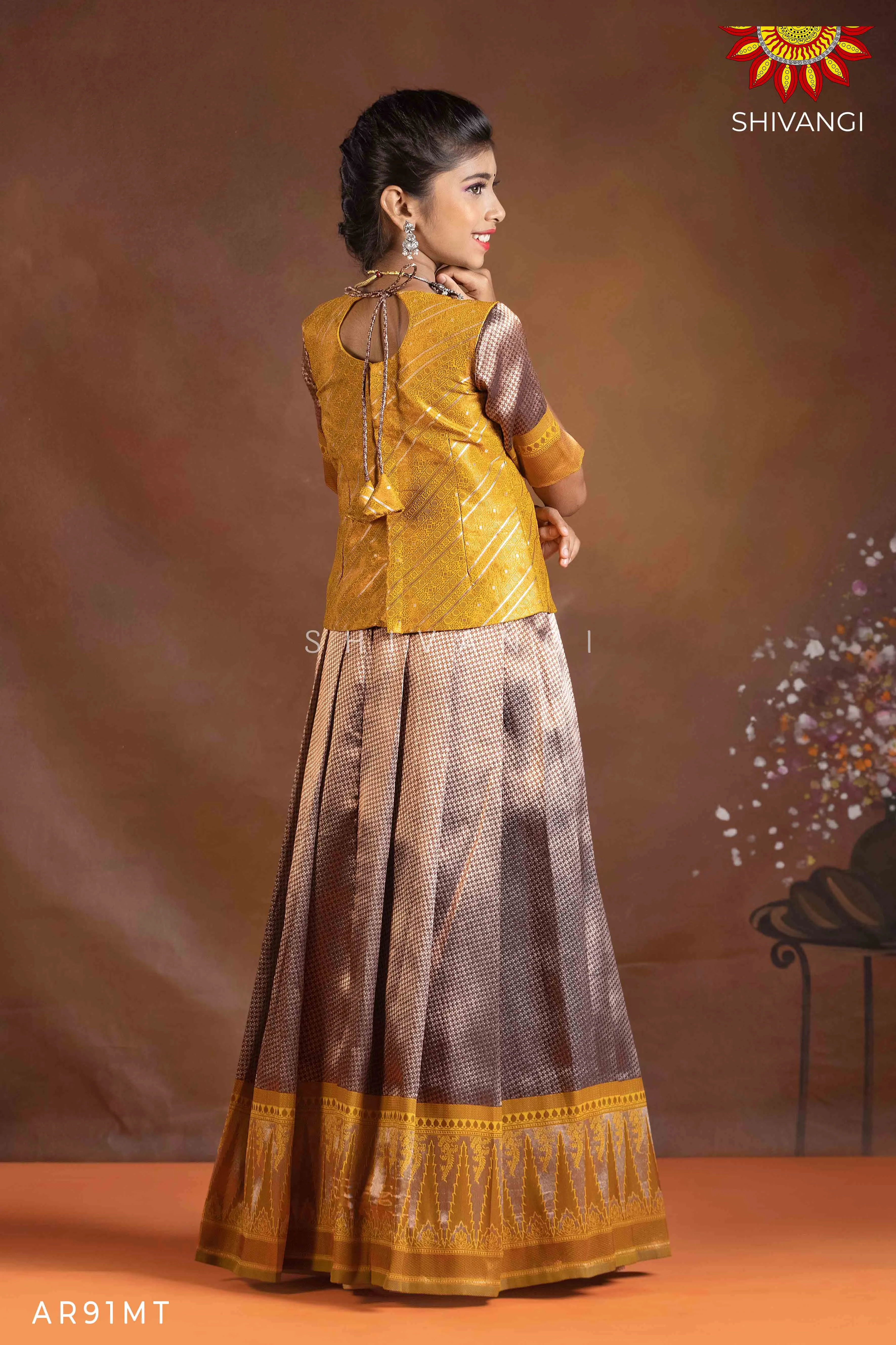 Girls Mustard Silver Fire Pattu Pavadai | Langa