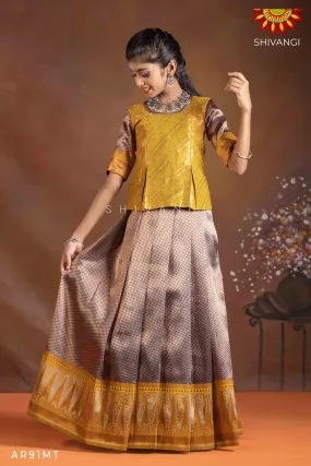 Girls Mustard Silver Fire Pattu Pavadai | Langa