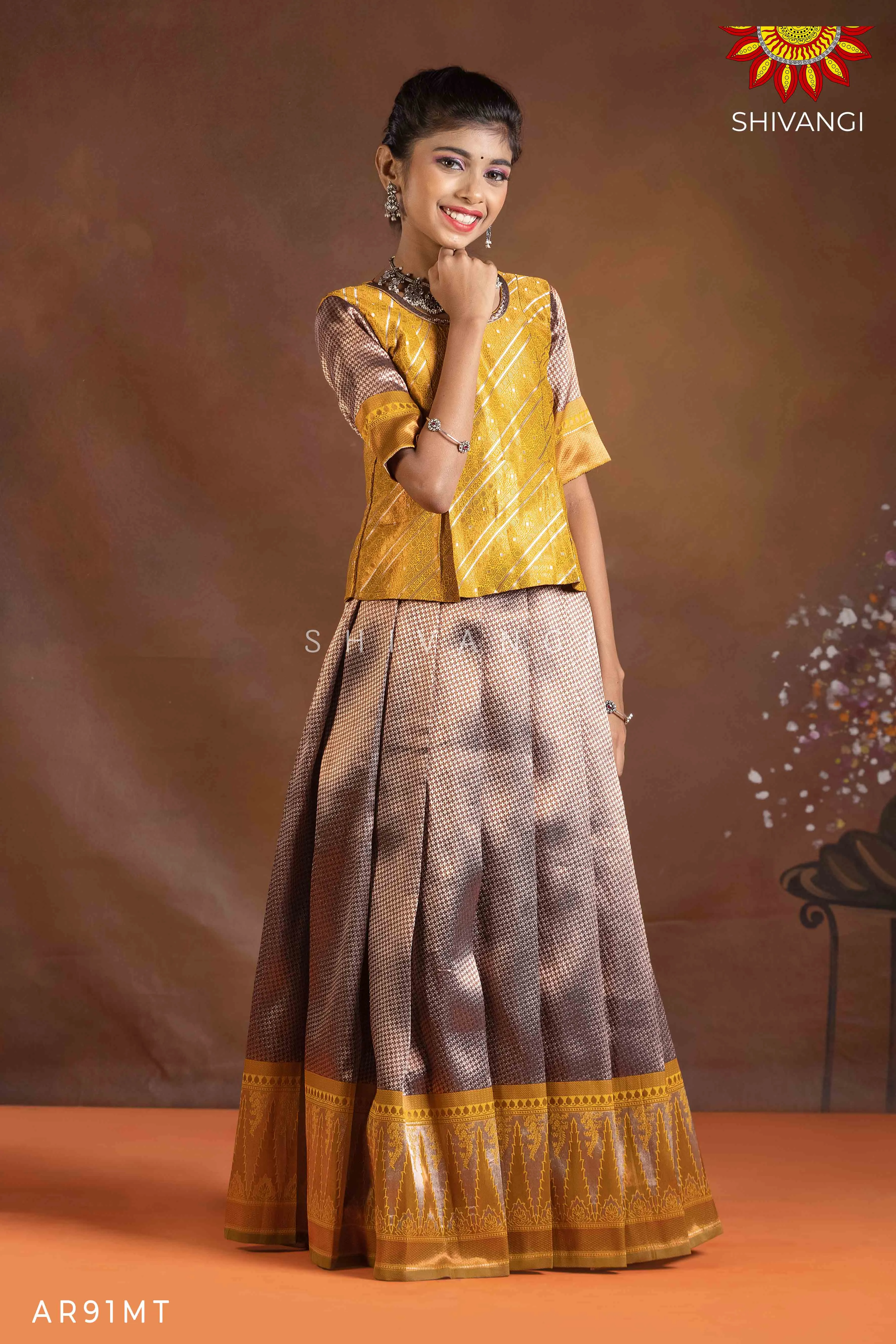 Girls Mustard Silver Fire Pattu Pavadai | Langa