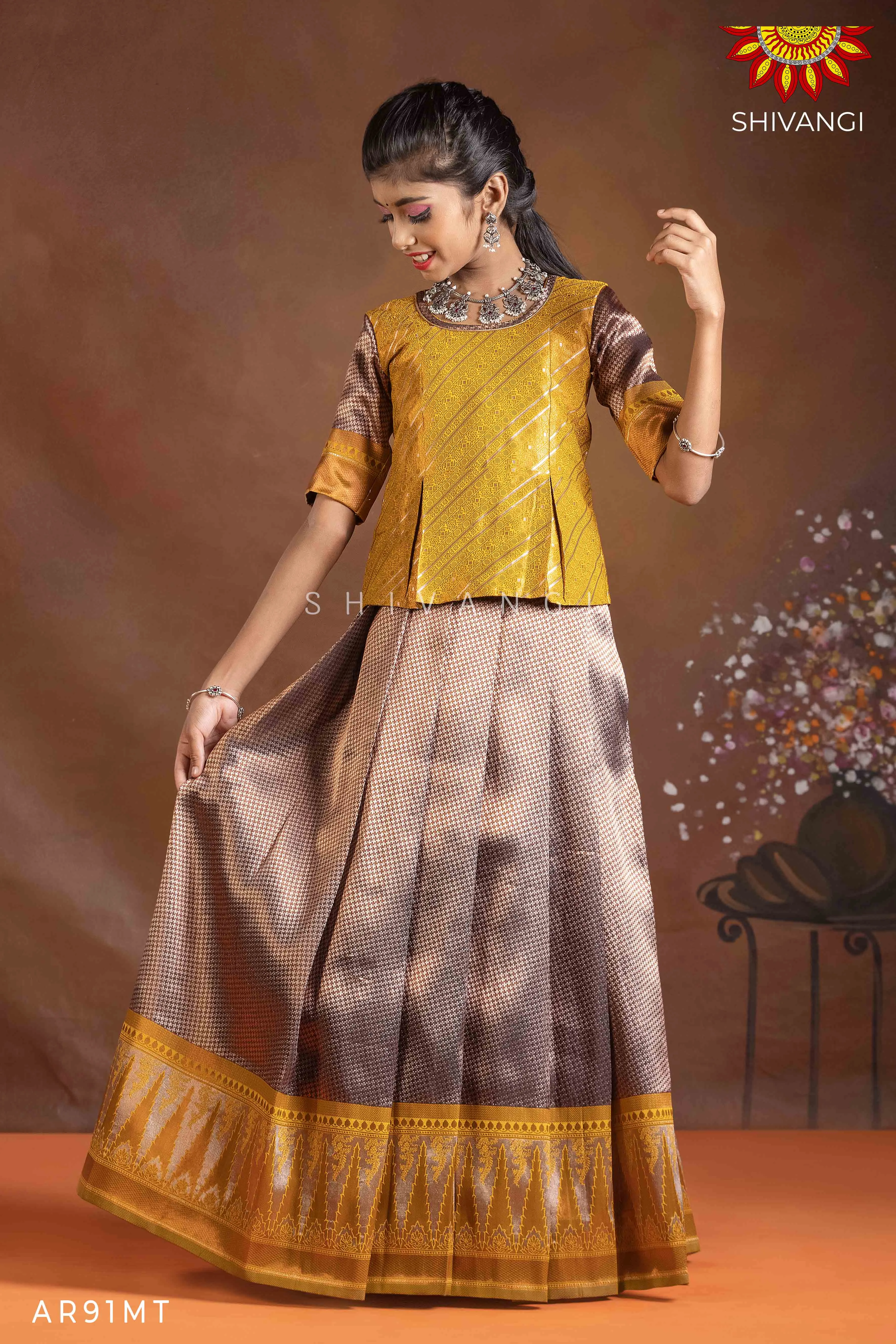 Girls Mustard Silver Fire Pattu Pavadai | Langa