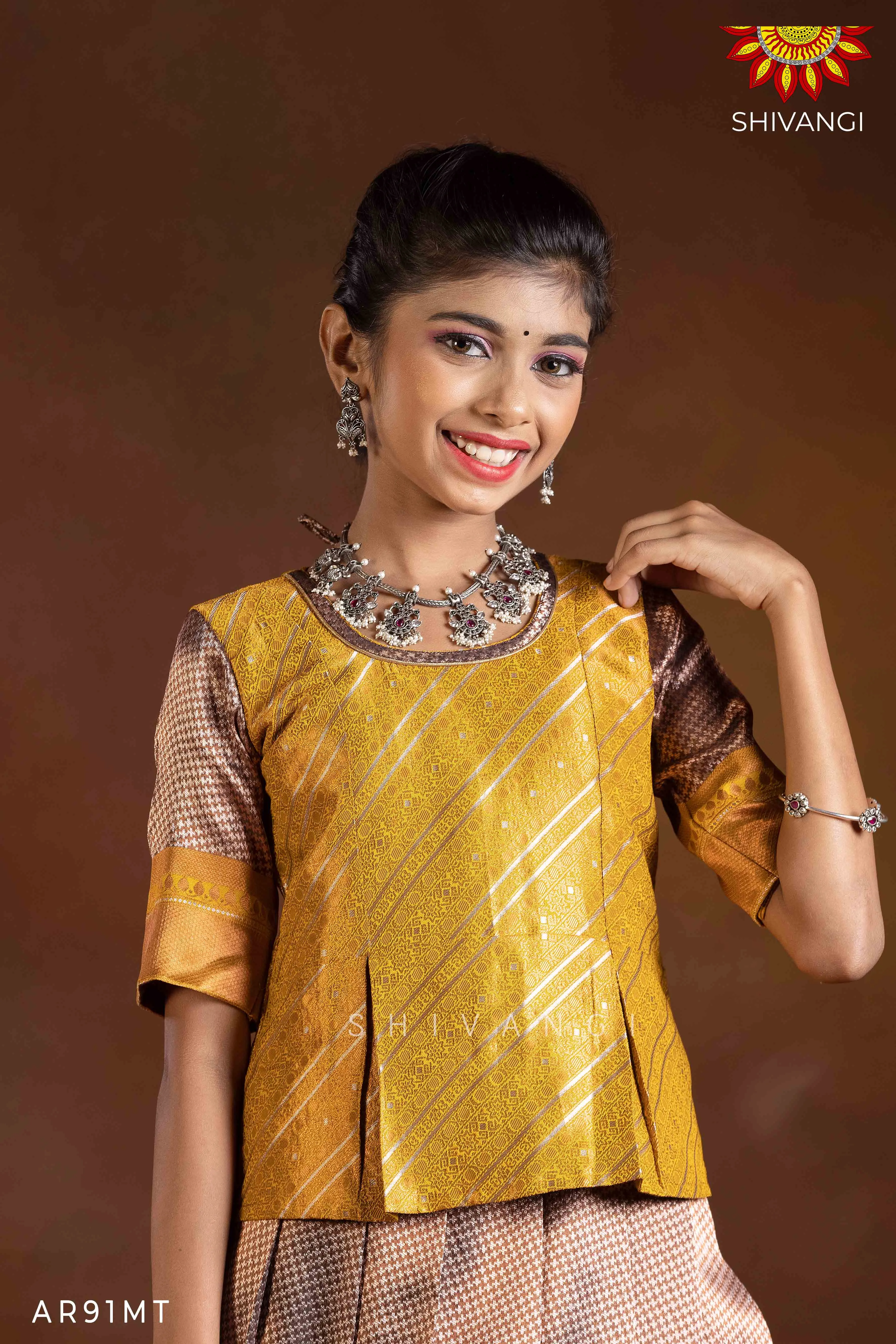 Girls Mustard Silver Fire Pattu Pavadai | Langa