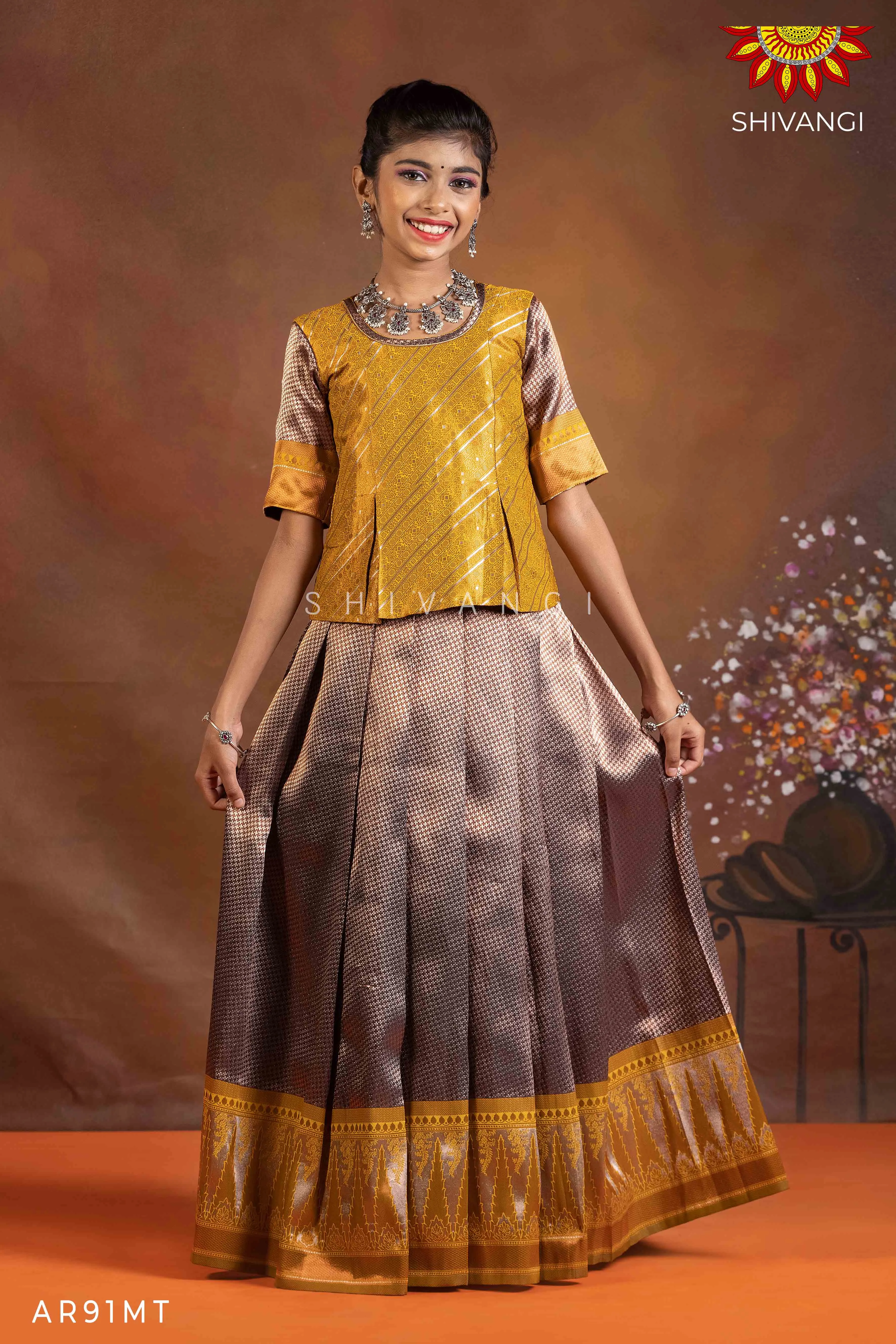 Girls Mustard Silver Fire Pattu Pavadai | Langa