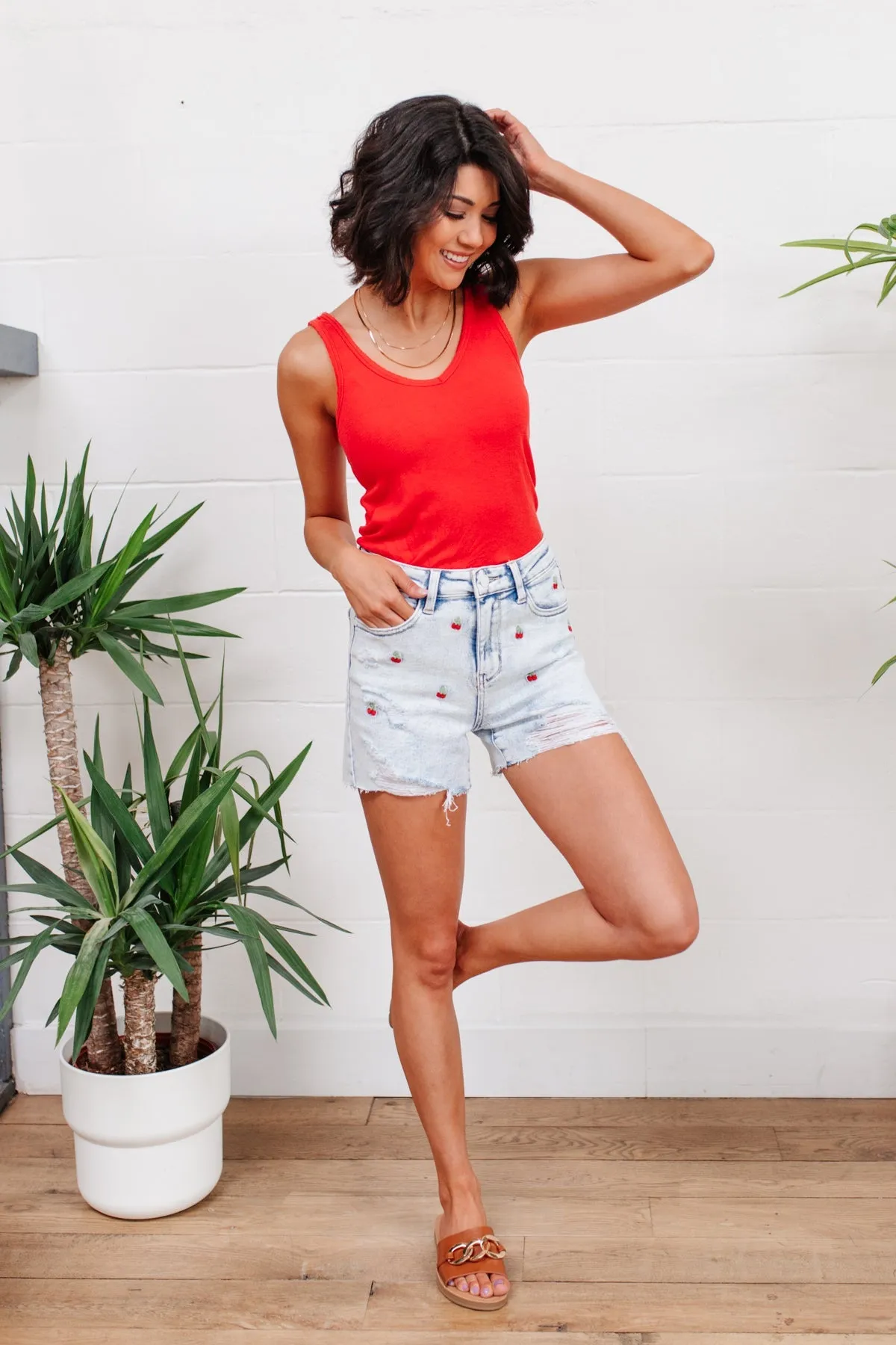 Hi-Waisted Cherry Acid Wash Cutoffs LD23
