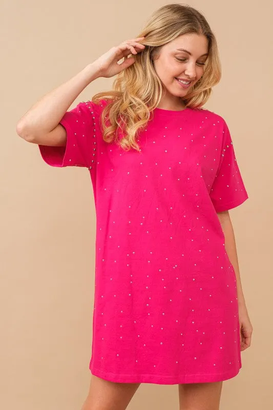 Hot Pink Cotton Jersey Sprinkle Loose T Shirt Dress