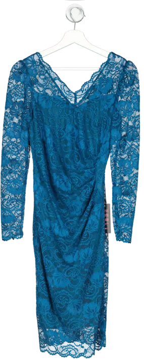 Jolie Moi Blue V Neck 3/4 Sleeve Lace Dress UK 10