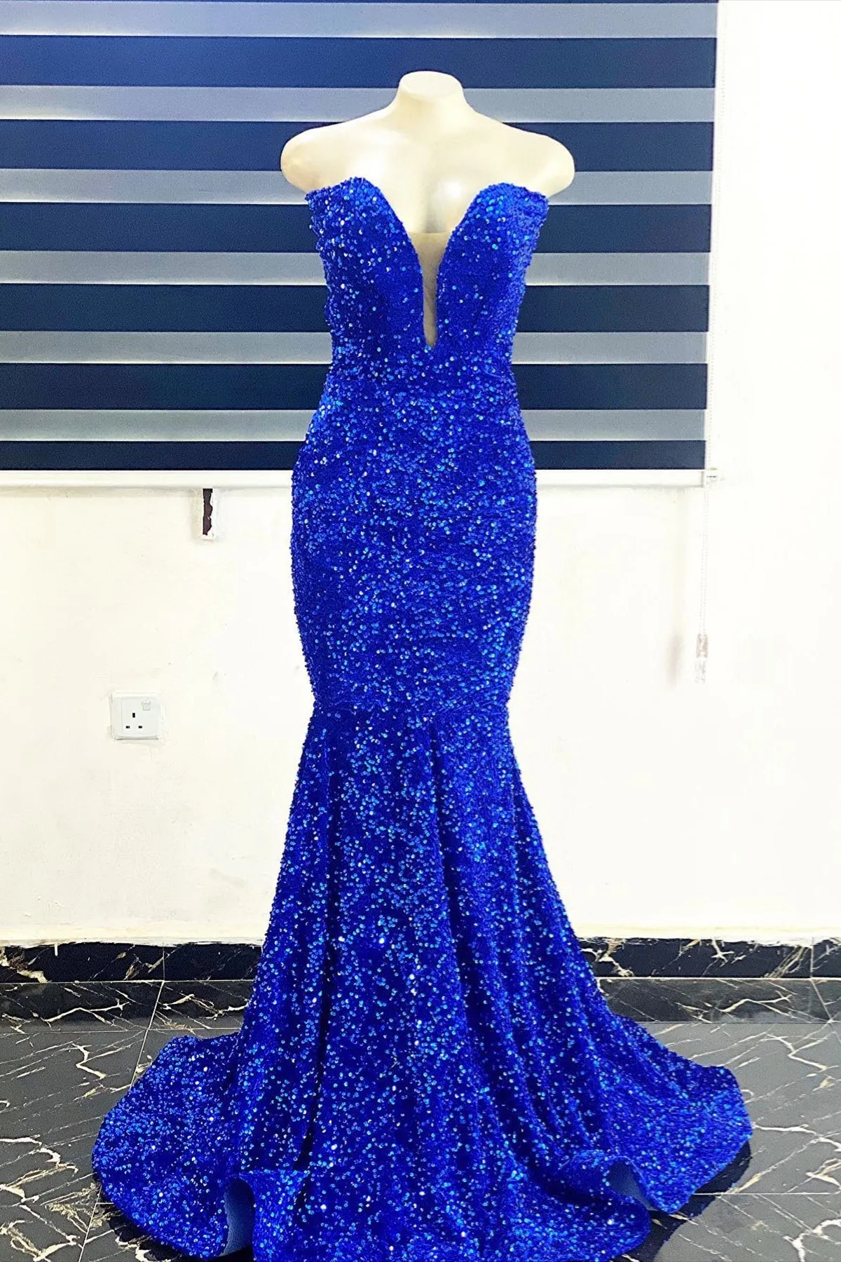 kamahe Royal Blue Sequins Strapless Mermaid Long Prom Dress