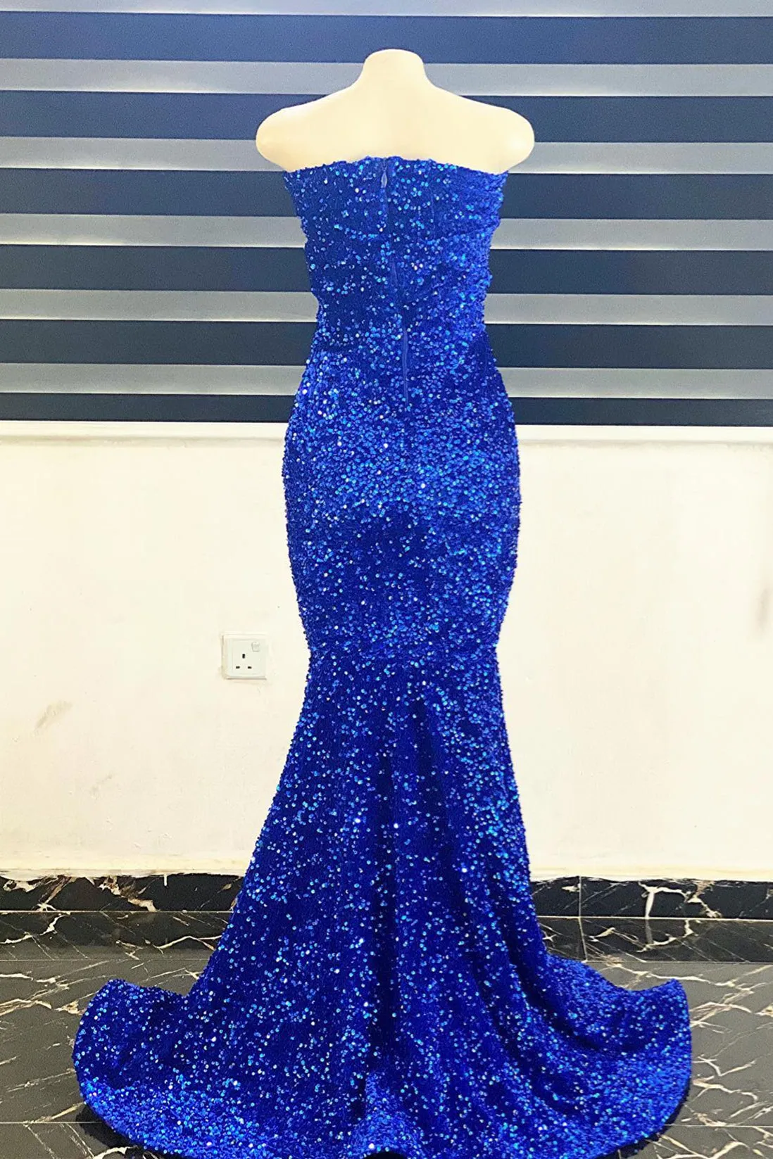 kamahe Royal Blue Sequins Strapless Mermaid Long Prom Dress