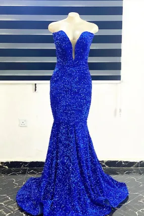 kamahe Royal Blue Sequins Strapless Mermaid Long Prom Dress