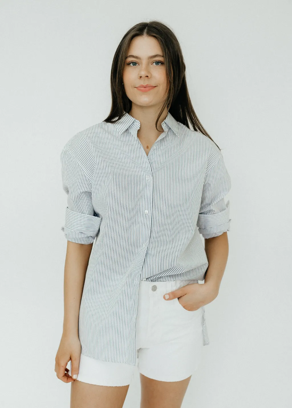 Nili Lotan Yorke Shirt in Thin Navy Stripe