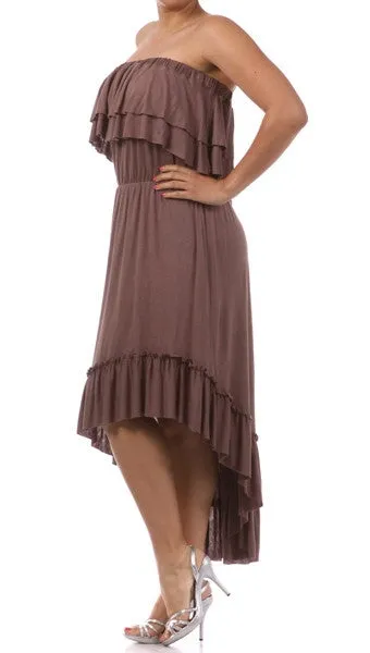 Plus Size Strapless Ruffle Hi Low Dress Mocha