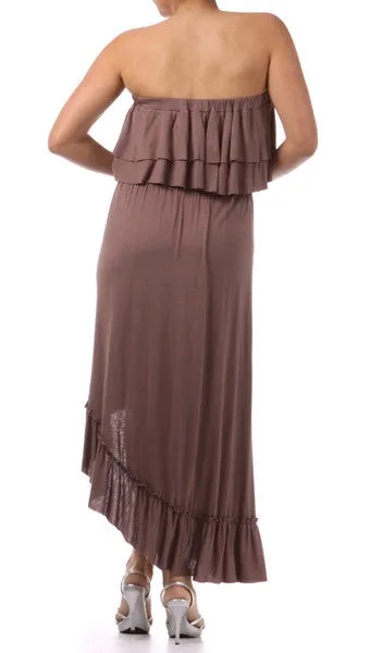 Plus Size Strapless Ruffle Hi Low Dress Mocha