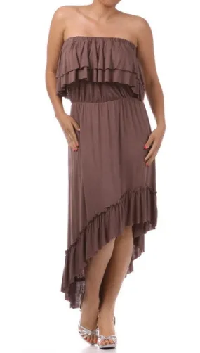 Plus Size Strapless Ruffle Hi Low Dress Mocha