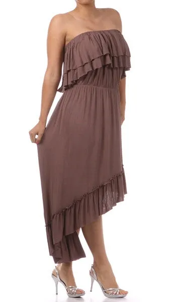Plus Size Strapless Ruffle Hi Low Dress Mocha