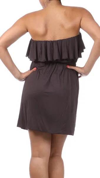 Plus Size Strapless Ruffle Mini Dress in Brown