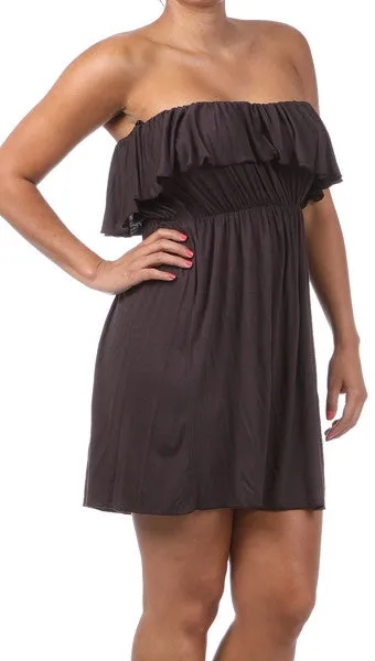 Plus Size Strapless Ruffle Mini Dress in Brown