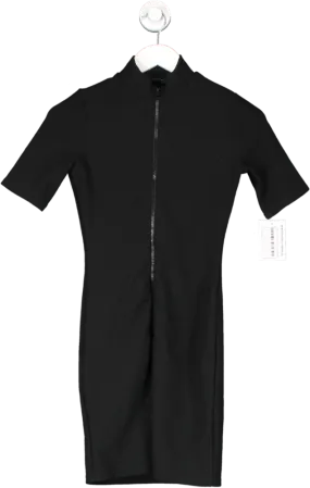 PrettyLittleThing Black Zip Front Rib Short Sleeve Bodycon Dress UK 8