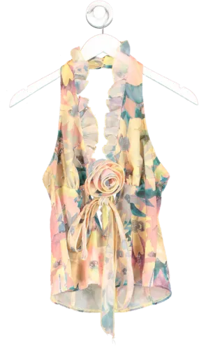 PrettyLittleThing Multicoloured Printed Chiffon Frill Floral Applique Halter Neck Crop Top UK 8