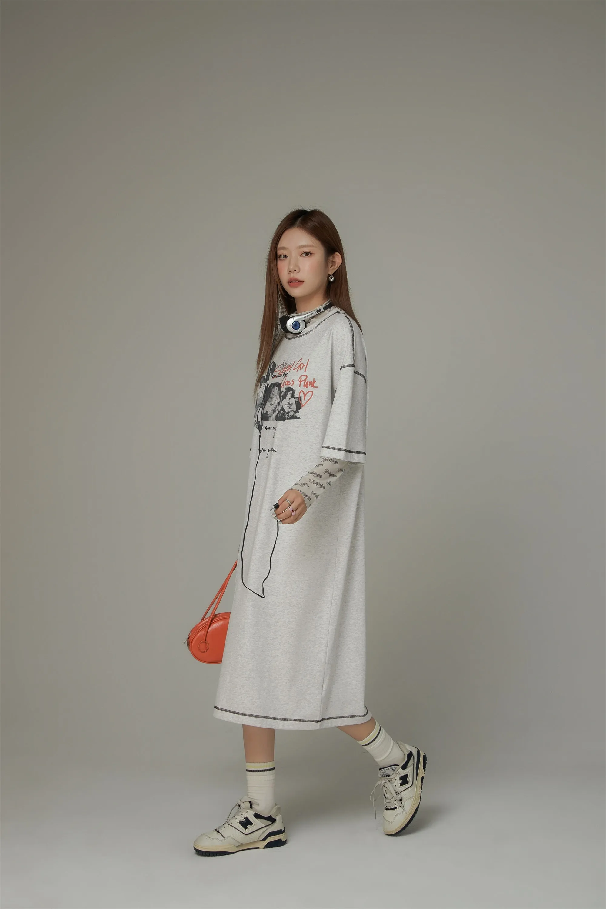 Punk Print Back Cut Out Lined Long T-Shirt Dress