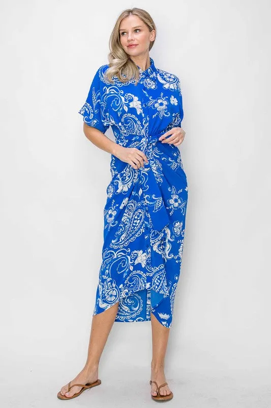 Royal Blue Paisley Tie Front Pleated Shirt Dress