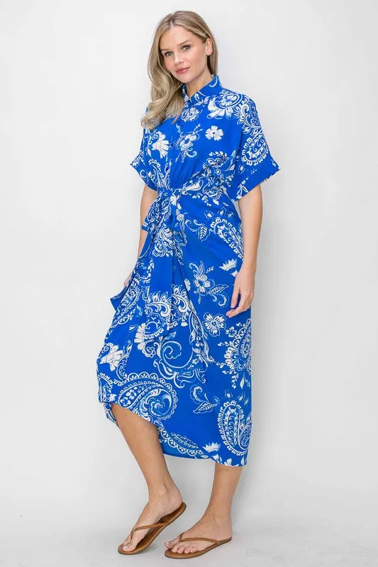 Royal Blue Paisley Tie Front Pleated Shirt Dress