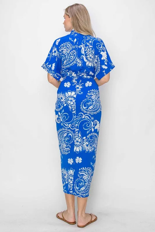 Royal Blue Paisley Tie Front Pleated Shirt Dress