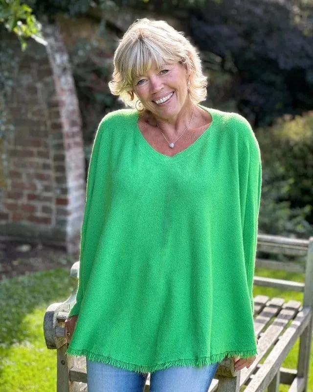 Slash Neck Fringed Poncho Jumper - Apple Green