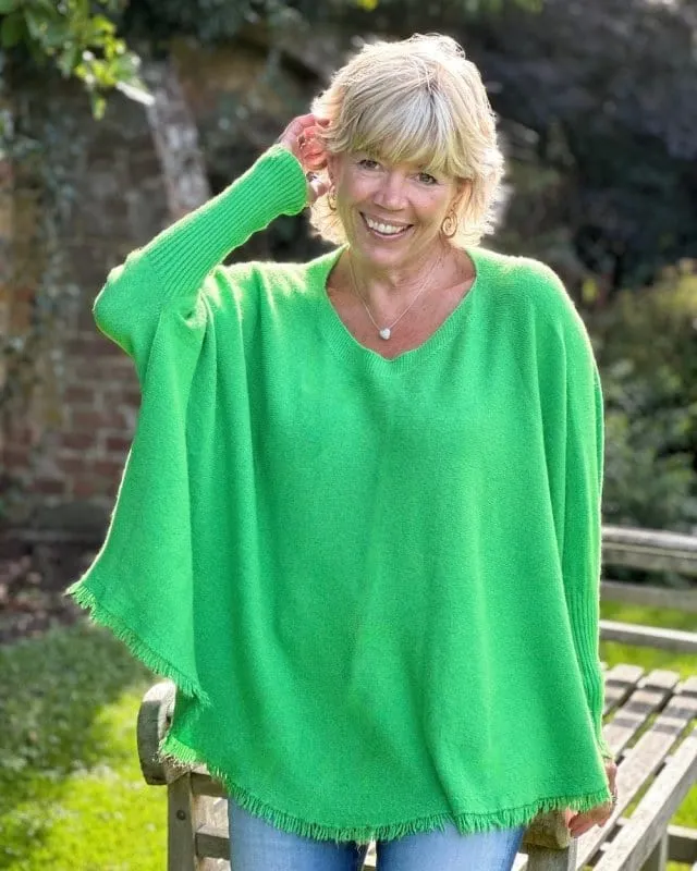Slash Neck Fringed Poncho Jumper - Apple Green