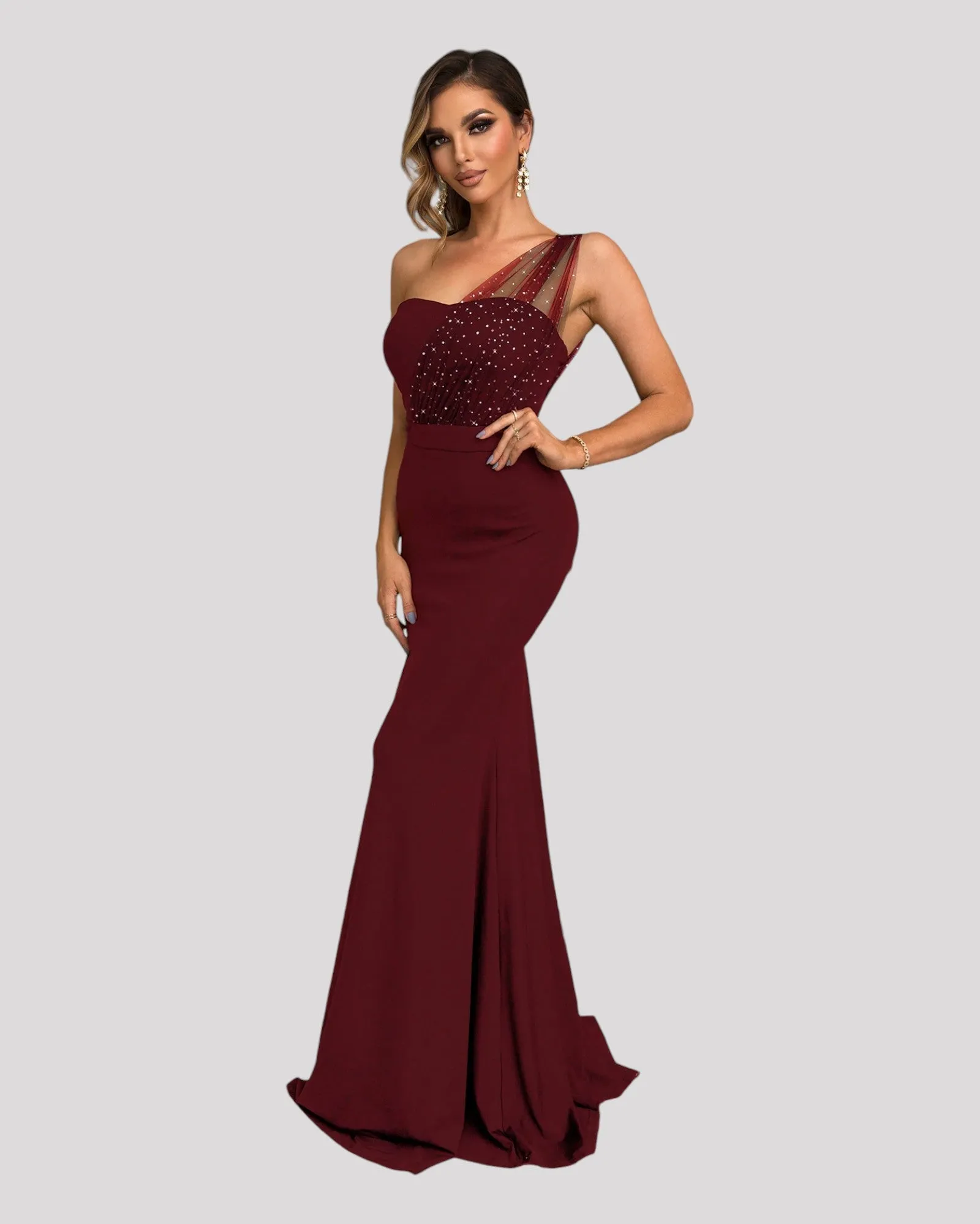 Strapless Dress with diamonte detail and one shoulder feature with a mermaid bottom