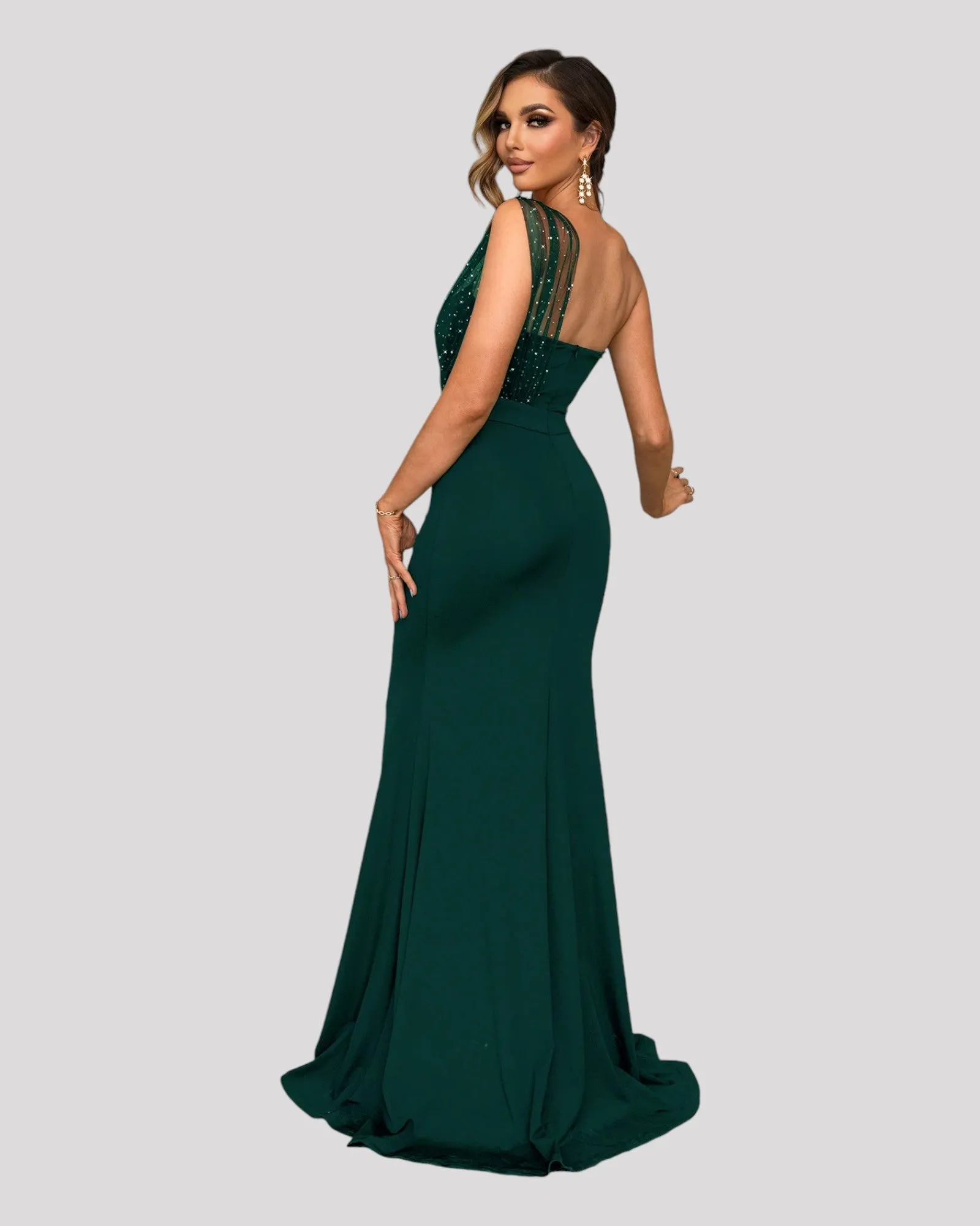 Strapless Dress with diamonte detail and one shoulder feature with a mermaid bottom